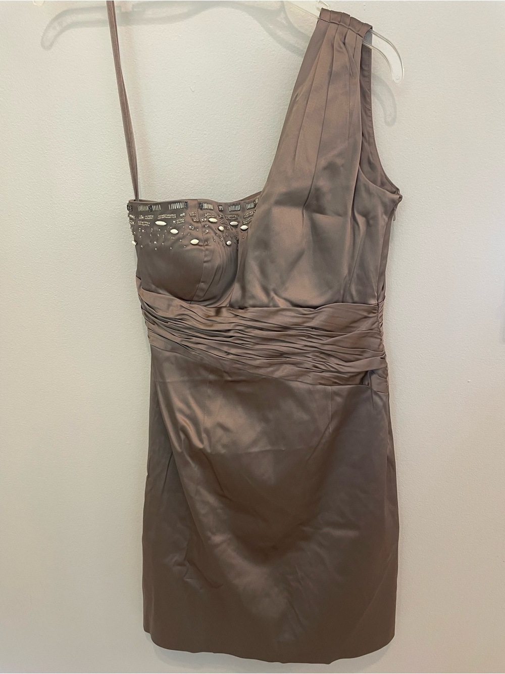 Nine West One-Shoulder Bronze Cocktail Dress with Beaded Bust